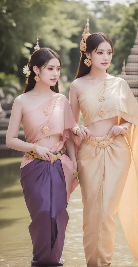 ((((two young women ,beautiful woman)))),native girl，long, blonde hair , blue eyes , braid ,purple thai dress,กระโปรงไทยโบราณlon...