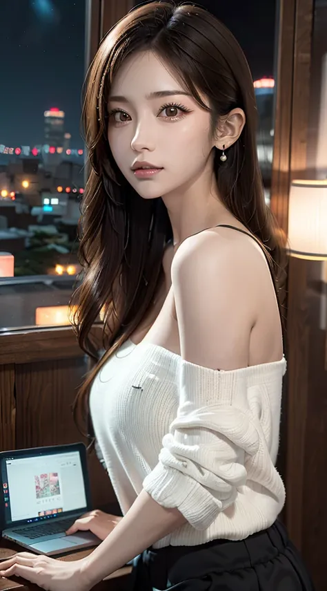 1girl, Tokyo street,night, cityscape,city lights, upper body,close-up, 8k, RAW photo, best quality, masterpiece,realistic, photo-realistic,