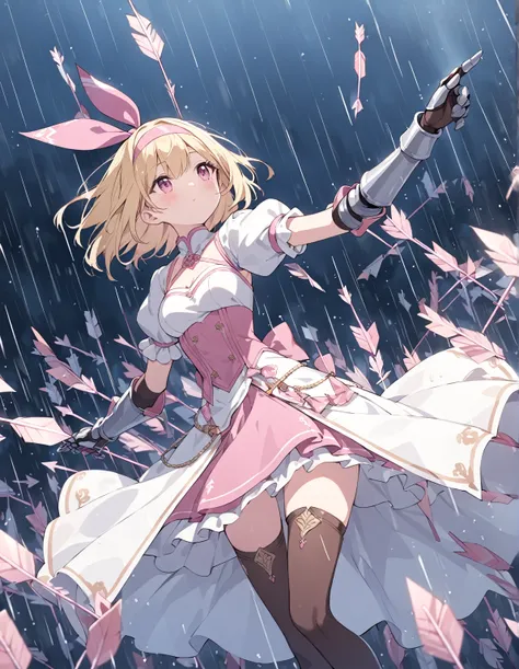 Girl,blonde,pink hairband, dress, puffy sleeves, gauntlets, brown thighhighs, thigh boots, One hand raised,(((many many  arrows flying in large numbers like rain)))