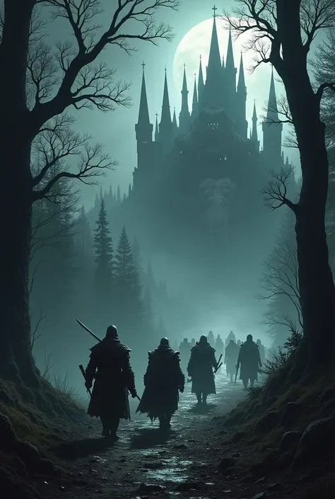 The dwarves escort the knight through the dark forest,at the end of which in the field there is a huge castle.But the castle is guarded by a dragon.All this in the style of Dark fantasy 