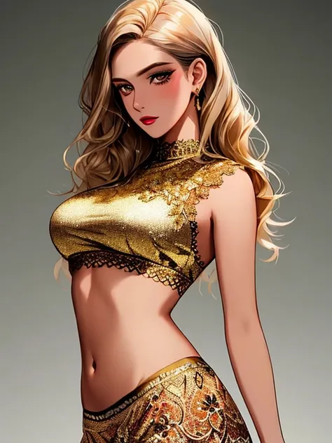 Portrait of a neurotically beautiful young femme fatale blonde, (makeup: 1.4), stunning body, (fit:1.2), gold lace outfit, highly detailed lace, natural skin texture, 4k textures, detailed belly, highly detailed perfectly smooth skin, Light room, Intricate...