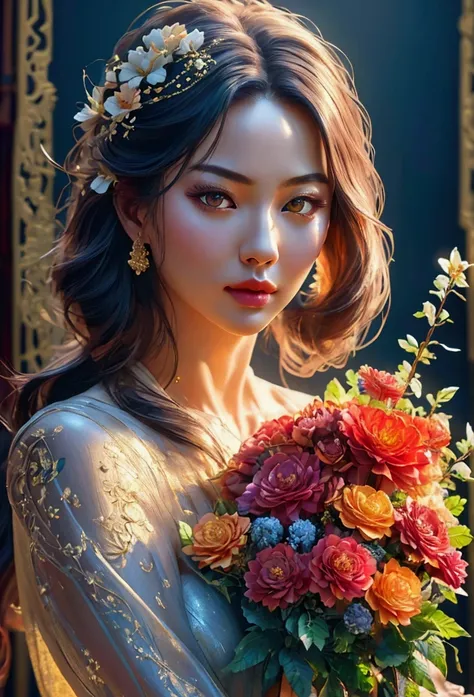 beautiful girl with stunning details, a wolf holding a lush bouquet of flowers, highly detailed oriental style, (best quality, 16k, highres, masterpiece:1.2), extremely detailed, (realistic, photorealistic:1.37), HDR, ultra high definition, studio lighting...