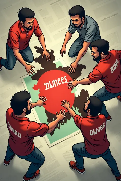 One frame 5 person 
First person Name is India, Second Person name is US, 3rd person name is  Awamileauge
4th person name is BNP and Last person name is Jamayet 
Each person fight for Bangladesh Map 
4k cartoon art 
Every person name given on there shirt
J...