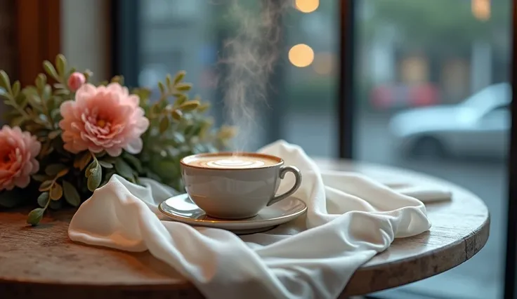 A steaming cup of latte coffee on a round table.no one.White sheer silk scarf，Clear texture，Pleats placed randomly and a bouquet of pink button chrysanthemums+Eucalyptus leaves.Lay flat(Lay flat在纹理粗糙的木桌上).with elegant wooden furniture、Large, transparent wi...