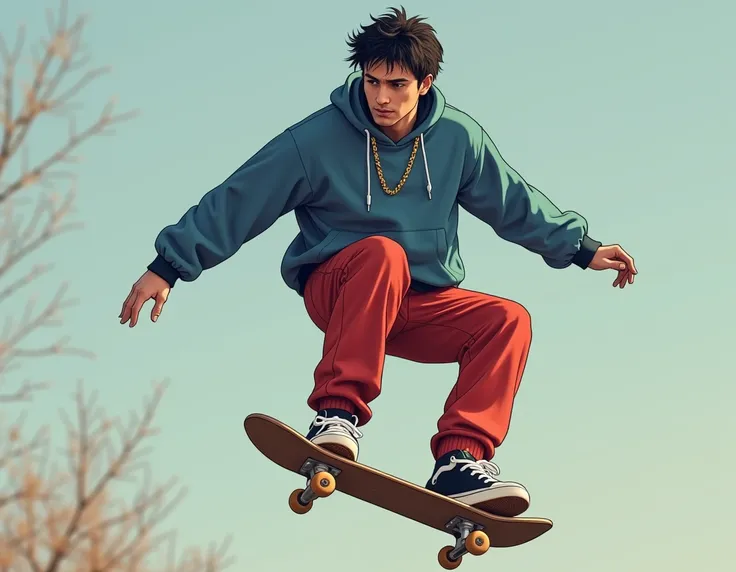 un homme ultra réaliste en train de faire du skateboard, cheveux noir dégradé sur le côté et mi-long sur le dessus, très petits écarteurs aux oreilles, habillé dun marcel bleu et dun pantalon rouge moulant avec une ceinture noir, environ 25 ans, caucasien,...