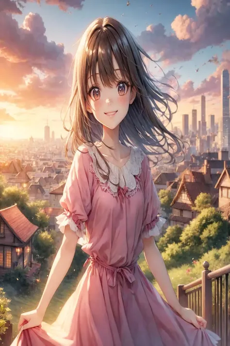 anime smiling girl in pink dress standing on a balcony overlooking a city, anime visual of a cute girl, smooth anime cg art, ani...