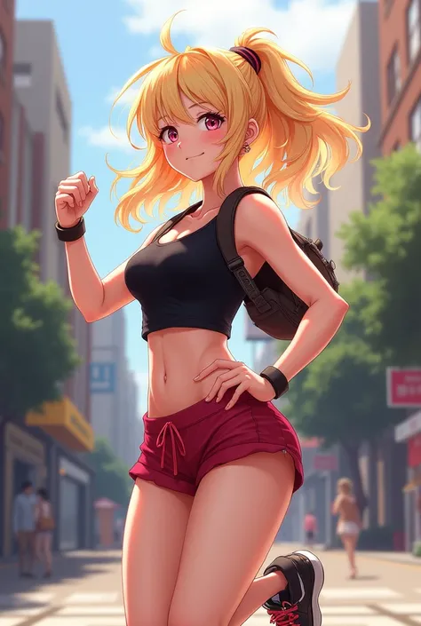 sakura hibiki, red shorts, sneakers, black tank top, blond hair