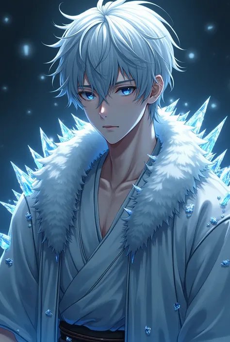 His hair is a shining silver and his eyes are a frozen blue, his skin is cold white reflecting the coldness of his personality and his icy strength.. He has a slim but strong body..
Silver haori covered with fine ice crystals, reflects light in a cool and ...