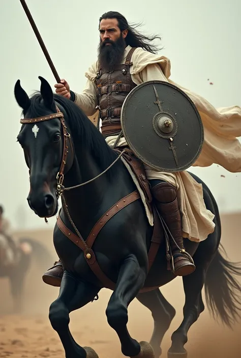 A man with no moustache and with a beard having a long spear and a shield in his other hand , riding in a black horse and wearing a white dress and having a bulletproof vest and having a long hair