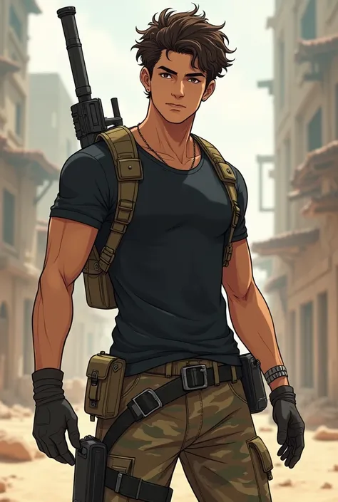  ,
58, slim and lanky,
Black T-shirt, 
Camo cargo pants,
Short brunette curly hair,
Tactical gear,
Son of Nathan drake 
 

Anime style

