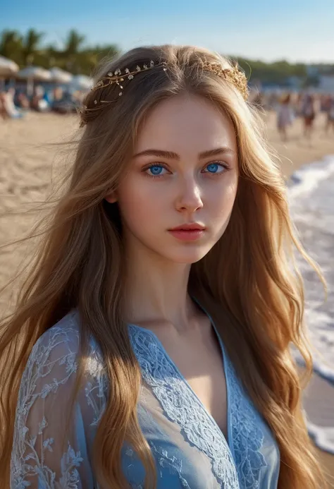 full body image of twenty five year old Russian girl, beautiful detailed blue eyes, extremely detailed face and features, long eyelashes, long flowing hair, beach scene, natural lighting, cinematic composition, highly detailed, photorealistic, 8k , work of...