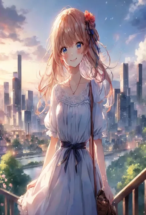 anime smiling girl with long hair and blue eyes standing on a balcony, cute anime waifu in a nice dress, beautiful anime girl, 4...