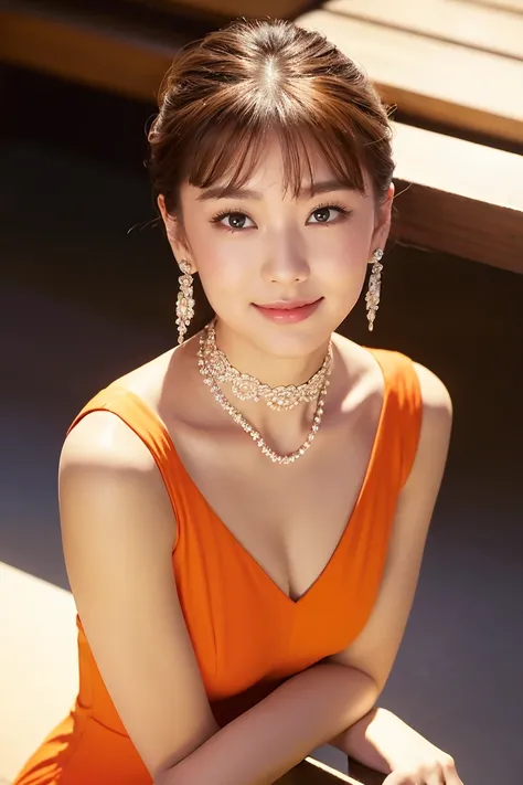 Show me the woman who will amaze everyone..、Women like Audrey Hepburn、Looks like Grace Kelly、Drinking cocktails at the bar、It suits her perfectly.、A tight fitting orange striped one piece suit、The collar should be a little more open、Looking up from the wai...