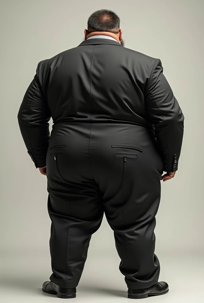 Obese man in tight pant suit. Daddy. Hot. Big ass. Hirsute. Short head hair. Sexy. Daddy bear. Tight shirt. Showing rear. Young man.