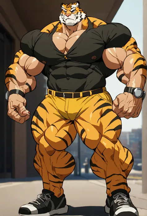 bodybuilder tiger  anime style, full body, big muscle pecs, big arms, big calves, manly, shredded bodybuilder tiger