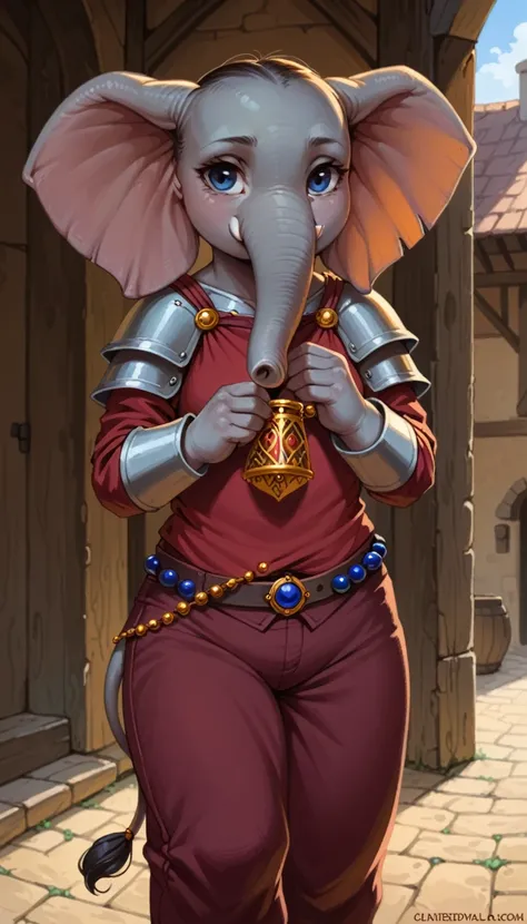 Top quality, masterpiece, high resolution, 1 woman, hi res, absurd res, young elephant, Dungeons and Dragons, character, female, curvy, calm face, solo, medieval, medieval pants, holding object, beads, correct hands, detailed hands