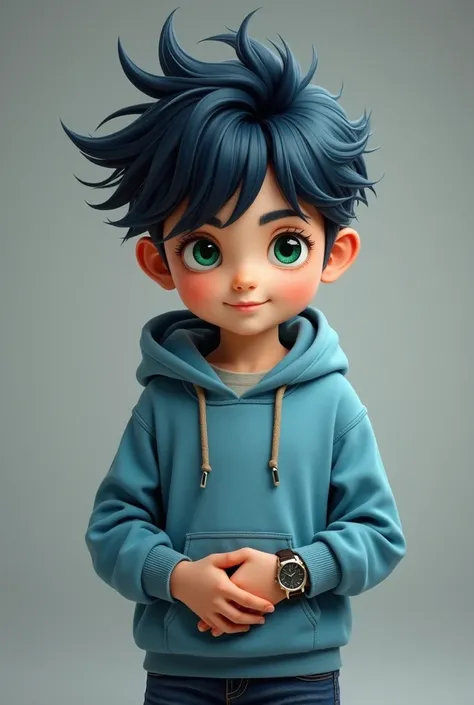 Boy with blue and black hair, green eyes, cute, handsome, adorable, Blue hooodie, jeans watch on hand, hands on stomach 