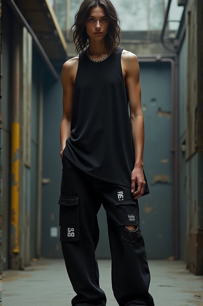 create a design using dark baggy jeans and a black oversized tank top 