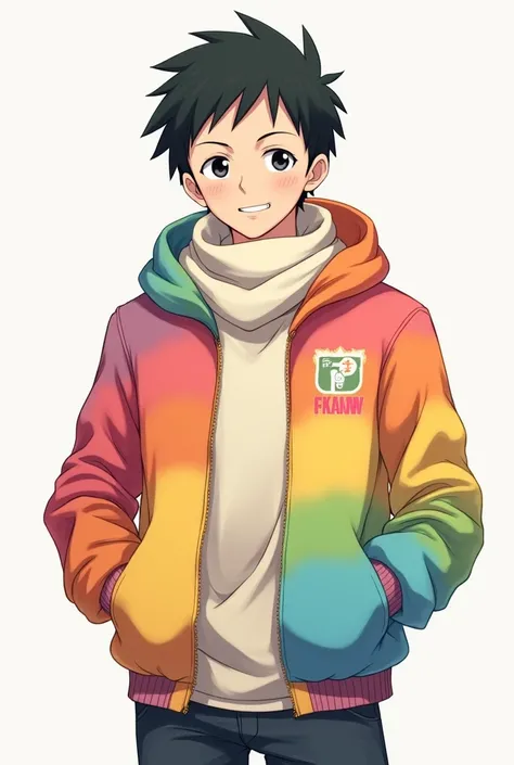 Crate an anime guy 
That is wearing an pale scarft from one piece
And wearing the masmalow rainbow jacket
And his both arm are in his both pocket
Make the scarft is from the one piece anime