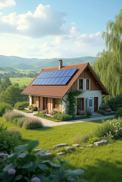 a single-storey house in the countryside with photovoltaic panels on the roof and a heat pump fixed to a wall.