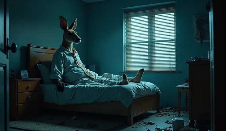 Wide angle shot of a dimly lit, cluttered bedroom at dawn. Anthropomorphic kangaroo (6 feet tall, muscular, wearing ill-fitting human clothes - wrinkled white shirt, tight necktie, oversized pyjama sleeps in a messy bed. Grimy venetian blinds, urban clutte...