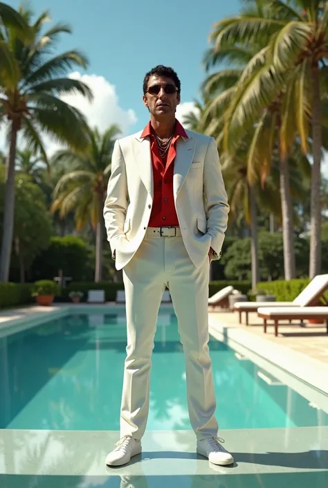 plan moyen de Tony montana, en costume blanc, chemise rouge, , est debout au bord dune piscine blanche, à Miami