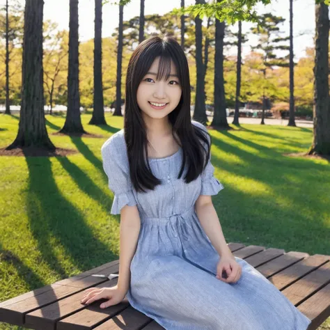 A young Japanese woman with long black hair, dressed in a cute summer dress, sits on a wooden bench in a peaceful park. She has a playful smile as she reaches her hand out toward the camera. Behind her, tall trees and green grass spread out under the brigh...