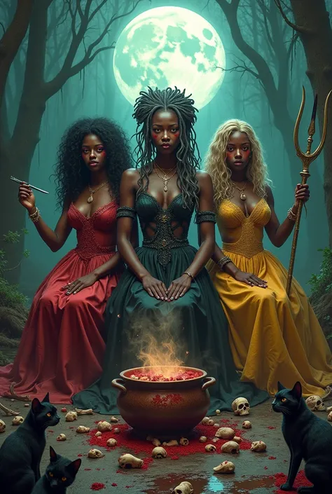 3 African women , large princess-style dresses,  long wavy curly hair long, black hair, the other has gray hair and the last one has blonde hair with braids, eye color two red and the other gray, human bones and blood, cauldron, fire, jovial laughter, knif...