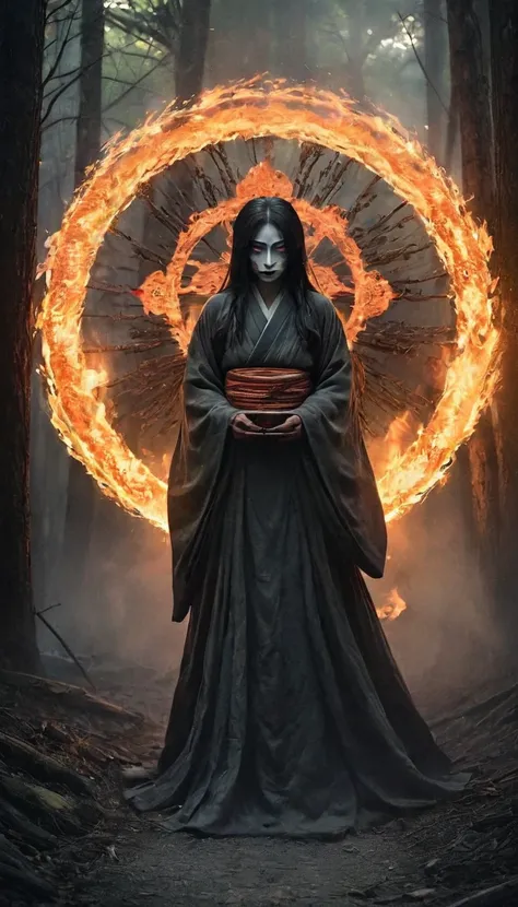 An eerie and haunting image of the Japanese yokai, the "Katawariguruma." The Katawaguruma is depicted as a flaming wheel with a human face in the middle. The wheel is large and glows with an intense, otherworldly flame, and the setting is a dark, narrow mo...