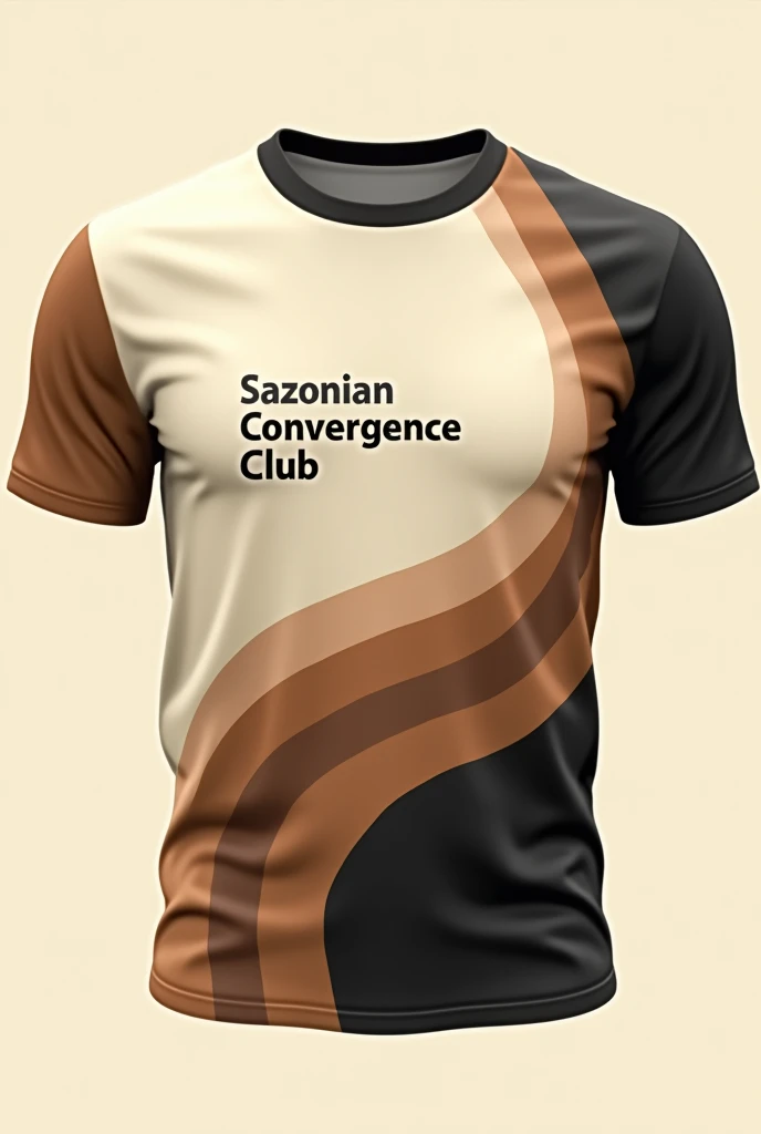 The front t-shirt design features an abstract pattern with a combination of earthy tones such as beige, brown, and black. The design incorporates smooth, curved lines that sweep across the shirt in a flowing manner, creating a sense of movement. The left s...