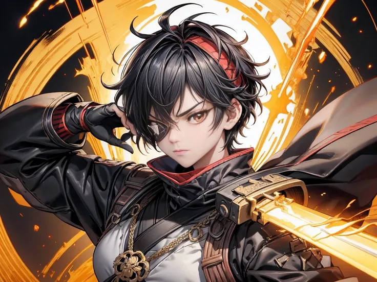 high quality:1.2, Very detailed, up to date, A lonely look, Ultra-high resolution, High Contrast, masterpiece:1.2, 最high quality, Best aesthetics), cute,Black hair, short cut、Red Japanese Armor、Headband、Young samurai girl holding sword high, Black sharp ga...