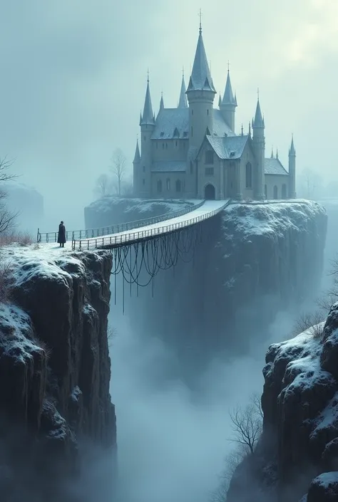 Medieval creepy monastery on top of a snowy mountain with fog and snow. Bridge of ropes and wood to reach it with an abyss below. gothic style painting. Evil is present and horror is in the late afternoon