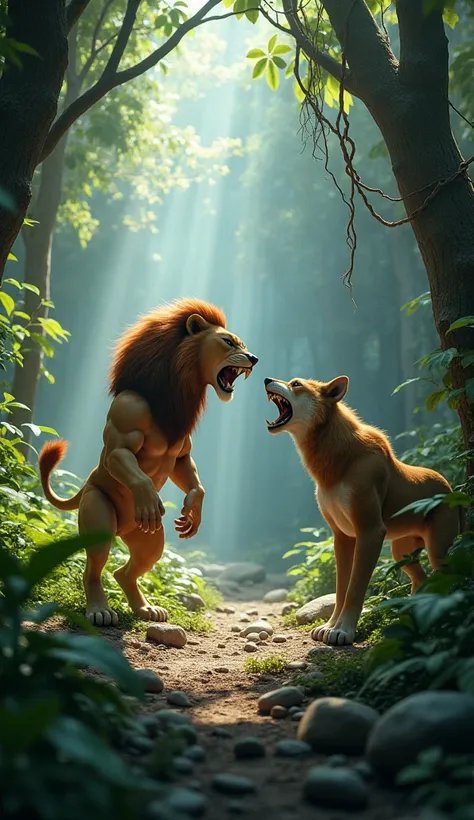 Angry lion vs wolf ai image generator background jungle 