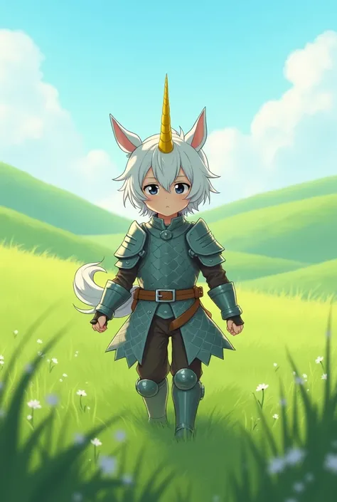 Boy in scale armor, the boy has a yellow unicorn horn in the midle of his forehead, white hair, black eyes, anime character, anime in fantasy style, walking alone in a grassland, frontal angle from a bit far