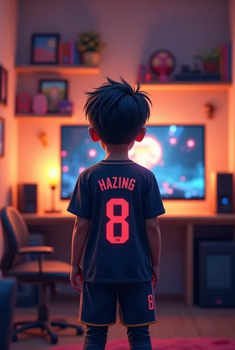 A Gaming room in which a young boy is standing  and on his jersey name is written hazing with jersey number 8 and overall  image is from back