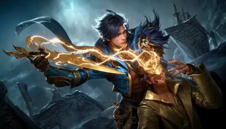 The image features a handsome young man in mid-air, about to unleash a flurry of attacks. Hes dressed in an intricate blue and gold outfit, suggesting hes a warrior of some renown. Three glowing cyan blades, trailing ethereal energy, surround him, speaking...