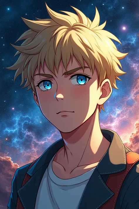 One young man、Blonde、Shortcuts, blue eyes, Frowning, Galaxy Behind,Anime Style