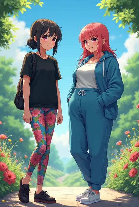 Anime girl in Floral leggings and Black t shirt with a Overweight Girl with a Fat But in a Blue track suit 