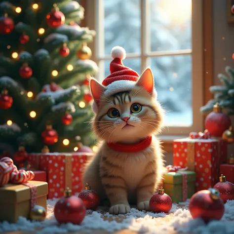 a cute and funny christmas cat, christmas hat, christmas lights, christmas tree, presents, snow, cozy indoor setting, warm lighting, vibrant colors, adorable cat expression, playful, high quality, 8k, detailed, photorealistic