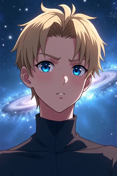 One young man、Blonde、Shortcuts, blue eyes, Frowning, Galaxy Behind,Anime Style,Smooth Hair