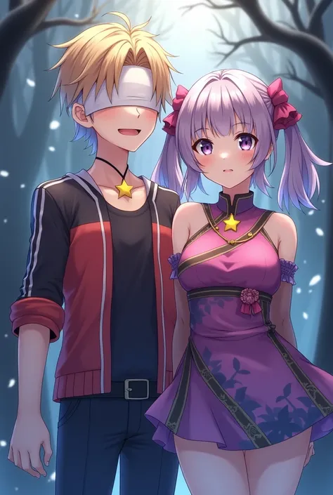 Anime male character wearing a white blindfold, short golden hair, wearing a red and black sweater without a zipper, wearing a black and white undershirt, wearing black pants, wearing a gold star necklace, standing next to a woman wearing a pink and purple...