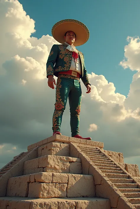 Asian guy, mariachi outfit, top of pyramid