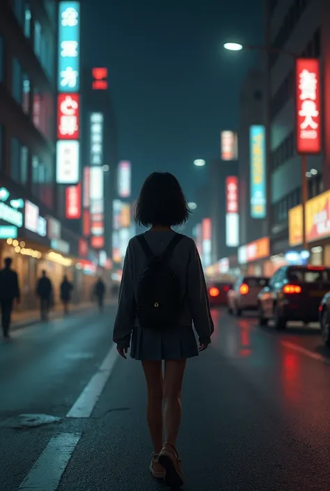 "A realistic, high-definition scene of a heartbroken high school girl walking alone through a bustling city at night, looking lonely. The view is from behind."