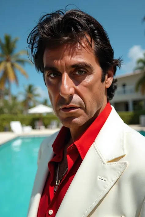 gros plan de Tony montana, cheveux en bataille, cicatrice sur la joue gauche, entaille eau sourcil gauche en costume blanc, chemise rouge, est debout au bord dune piscine blanche, à Miami