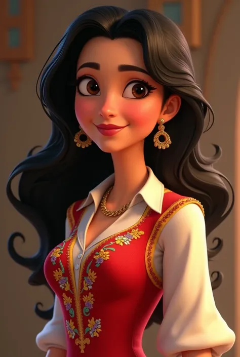 A woman with wavy black hair wearing a red dress and white shirt in Colombian attire from the movie Encanto by the Madrigal family