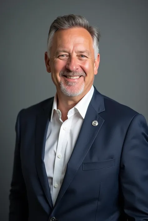 A man with navy blue blazer  and white shirt with a grey background wearing a badge near his chest on the blazer posing for a photo for linkedin profile  picture 