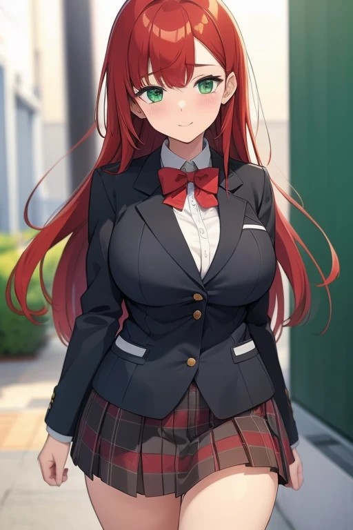 1 female, Red Hair, Green Eyes, cute, Big Breasts, high school student, School uniform, blazer, Checkered Skirt, masterpiece, Best Quality, Super detailed, Accurate