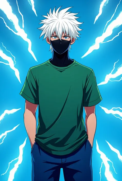 game style profile picture with white hair black mask chest green shirt blue background with lightning ff style male cartoon blue pants
