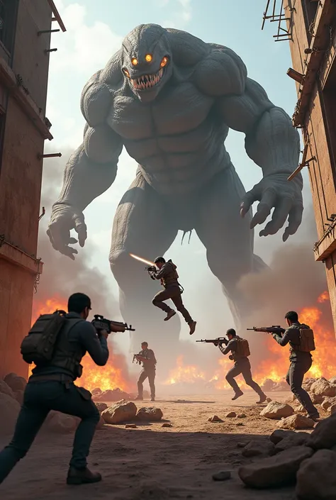 "Epic battle scene at Free Fires factory. A massive monster in mid-air, being headshotted by a player jumping with an AK-47. Player leads a team, with a gloo wall in the background, partially damaged. Intense, action-packed atmosphere with Dynamic lighting...