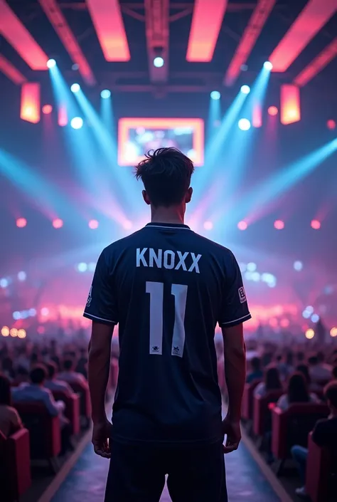 A Bgmi esports Gaming auditorium in which a young men is standing  and on his jersey name is written KNOXX with jersey number 11 and overall  image is from back 8K image 